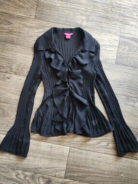 Vintage Y2K Crinkle Mesh Long Sleeve Ruffle Blouse Medium Black